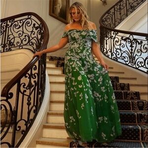 Sachin + Babi Kennedy Off The Shoulder Gown Kelly Green Degrade Florals sz 8 NEW
